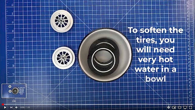 Here is an easy method to stretch the tires over the wheels.